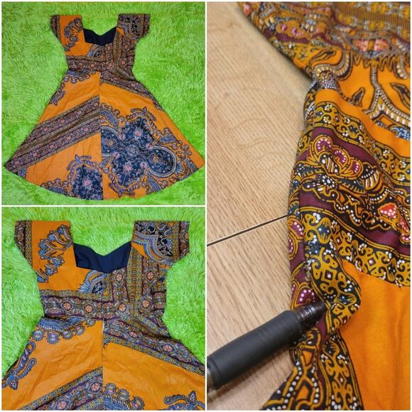 Handmade Orange Patterned Aline Midi Dress - Picture 4 of 4